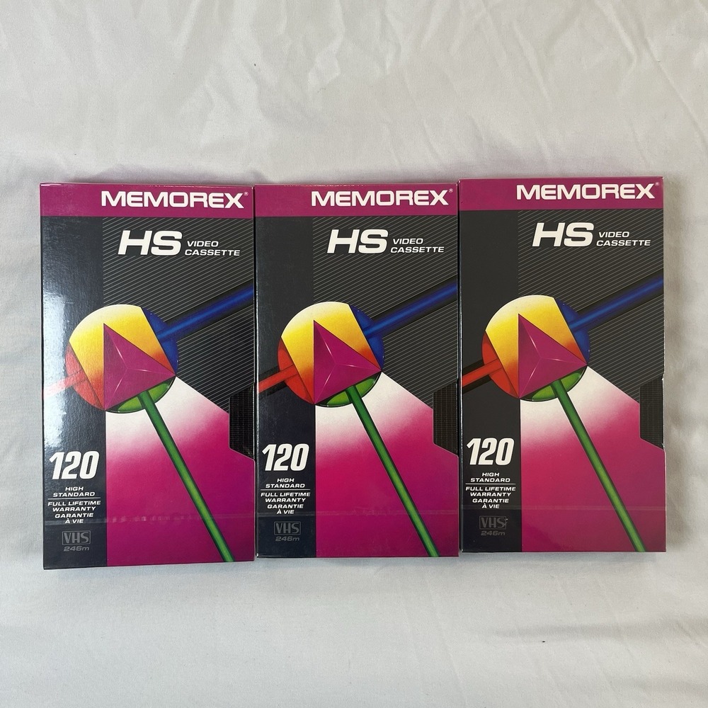 3 PACK MEMOREX T-120 HS Blank VHS Tapes 6 Hours Ea. Video Cassettes New / Sealed